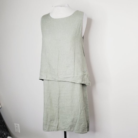 Lungo L'Arno Italy Dress Pure Linen Layered Boho Lagenlook Sage Green L - Picture 4 of 12